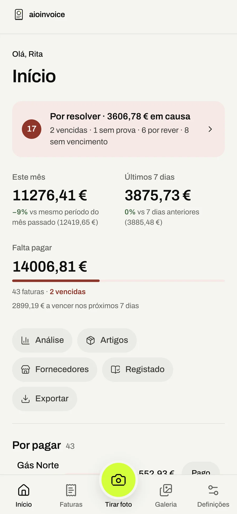 aioinvoice: On the phone: sign-in, home and one item's price by supplier.