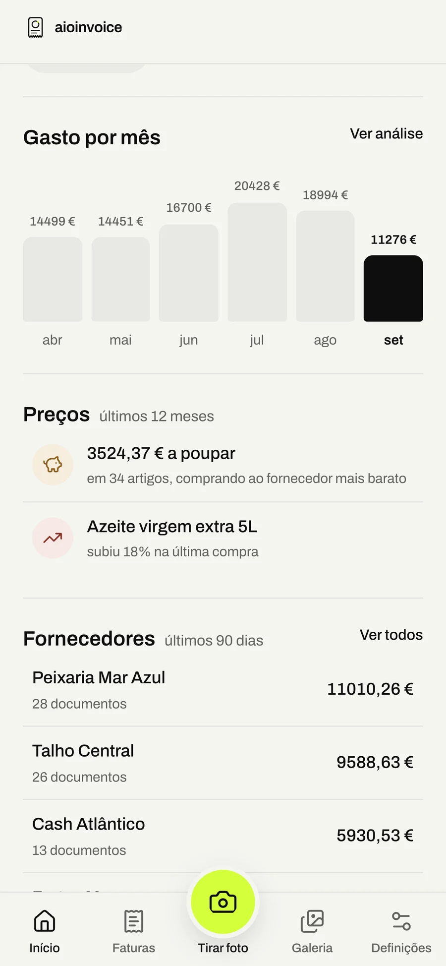 aioinvoice: Monthly spend, price signals and top suppliers.