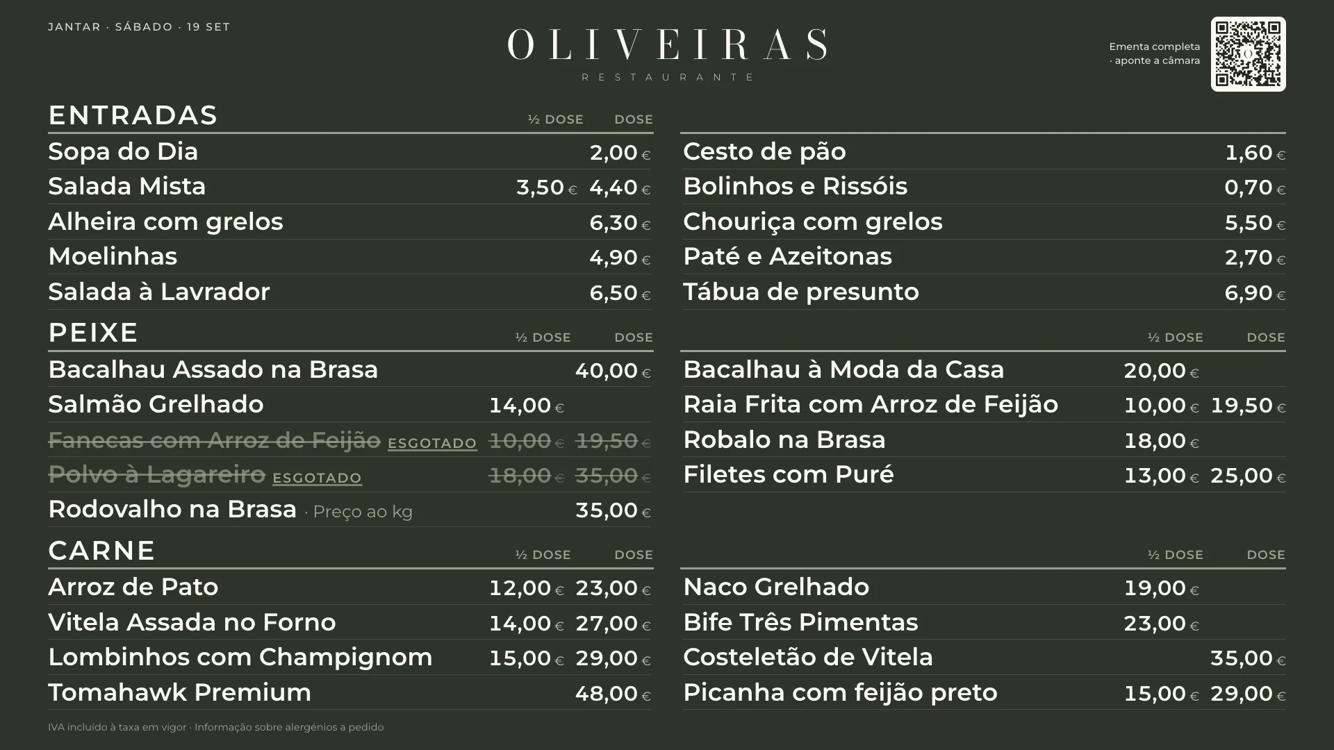 Restaurante Oliveiras: TV mode in the dining room, updated live from the dashboard